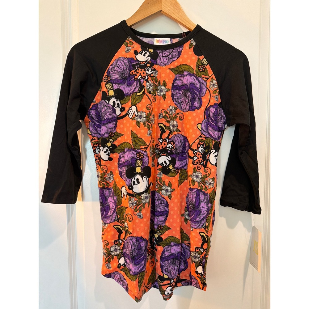 LuLaRoe Disney Randy Baseball Tee XS Mickey Minnie Floral Orange Black Raglan